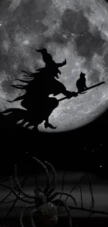 Witch silhouette flying across the full moon in eerie wallpaper.