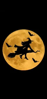 Witch silhouette flies by full moon with bats.