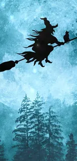 Silhouette of a witch flying in front of a full moon over trees.