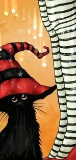 Cat with witch hat beside striped legs on orange background.