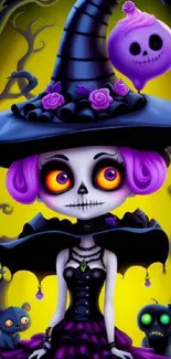 Colorful gothic witch with purple hair and spooky Halloween theme.