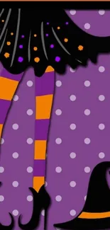 Purple and orange Halloween wallpaper with witch's legs and hat.