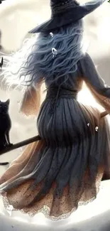 Witch flying on broomstick with a cat under a full moon.