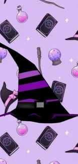 Purple witch themed wallpaper with hat and potions.