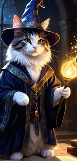 Fantasy art featuring a wizard cat holding a glowing staff in a mystical library.