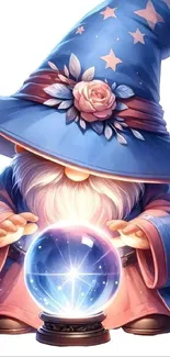 Charming wizard gnome with a crystal ball and blue hat, perfect for mobile wallpaper.