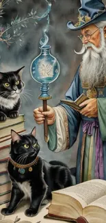 Fantasy wallpaper with wizard and cats, rich in detail and magical atmosphere.