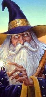 Mysterious wizard with magic staff artwork.