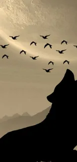 Silhouette of a wolf with flying birds in a sepia-toned sky.