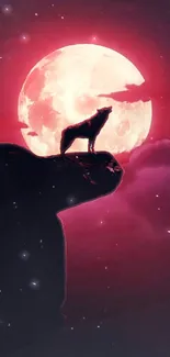 Silhouette of a wolf howling at a red moon against a purple sky.