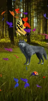 Wolf standing in a green forest with colorful butterflies.