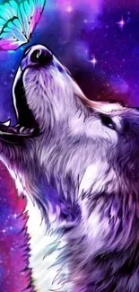 Wolf howling with butterfly on its nose in a galaxy background.