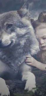 Wolf and child in a serene dreamy scene.