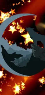 Silhouette of a howling wolf against a crescent moon and stars.