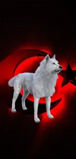 White wolf with crescent moon and star on red-black background.