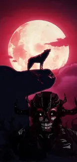 Silhouetted wolf and demon under a red moon in a gothic wallpaper design.