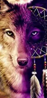 A captivating wallpaper featuring a wolf and dreamcatcher with purple tones.