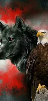 Wolf and eagle art wallpaper with black and red hues.