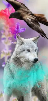 Majestic wolf with eagle and flowers in vibrant nature art wallpaper.