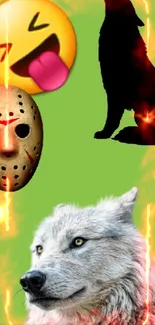 Wolf, emoji, and mask on green wallpaper design.