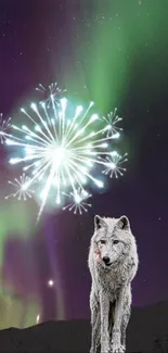 Majestic wolf with fireworks and aurora in the night sky.