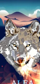 Illustrated wolf head with flames in mountain backdrop.