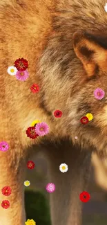 Wolf surrounded by colorful flowers in nature wallpaper.