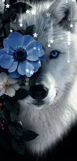 Stunning wolf face with blue flowers, perfect for a nature-inspired wallpaper.