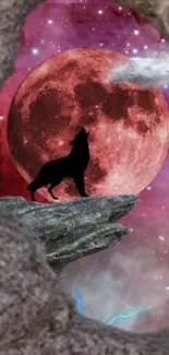 Silhouetted wolf howling at a red moon against a vibrant galaxy background.