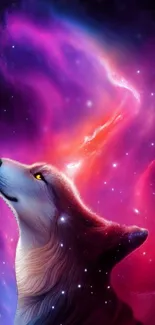 Ethereal wolf gazing into a vibrant galaxy backdrop.