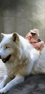 Girl sitting on a white wolf in a mystical forest wallpaper.