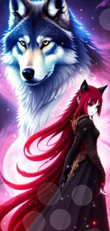 Fantasy artwork featuring a wolf and red-haired girl with vibrant colors and mystical ambiance.