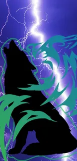 Wolf silhouette with green accents against a blue lightning background.