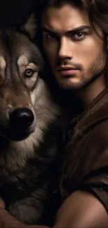 A mysterious man with a wolf in a dark setting.