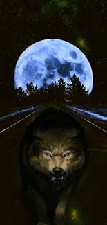 A fierce wolf walking on a dark road under a luminous full moon.