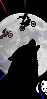 Wolf silhouette with motocross bikers and moon backdrop.