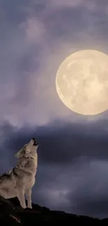 Silhouette of a person and a wolf under a full moon in a dark, cloudy night sky.