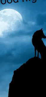 Wolf silhouette with moon in dark night sky wallpaper.