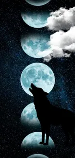 Wolf silhouette against moon phases and clouds in a starry night sky wallpaper.