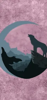 Wolf and moon silhouette on dusty pink background.