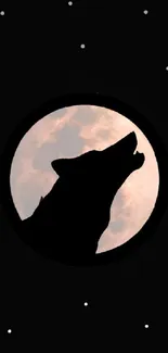 Silhouette of a wolf howling at the moon with stars on a dark background.