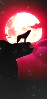 Silhouette of a wolf howling at a red moon amidst clouds.