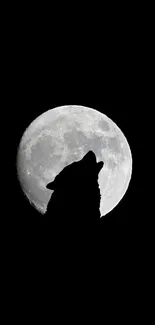 Silhouette of a wolf howling at the full moon against a black night sky.