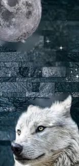 Majestic wolf under a glowing moon, set against dark stone.