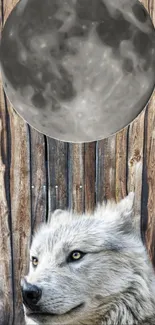 Wolf and moon scene on rustic wooden background wallpaper.