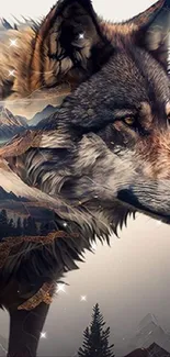 Artistic wallpaper featuring a wolf with mountain landscape.