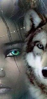 Mystical wallpaper with wolf and mysterious woman showing fantasy art.