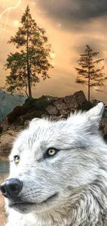 Majestic wolf with serene nature backdrop.