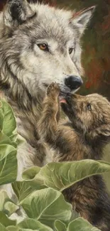 Wolf mother and pup with green foliage in a serene nature setting.