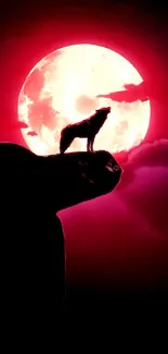 Silhouette of wolf against a vivid red moon with clouds in mobile wallpaper.